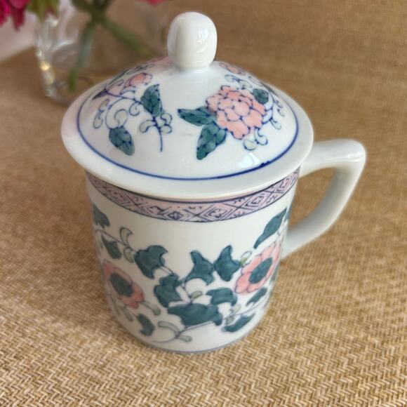 Vintage Pier 1 Floral Ceramic Tea Mug with Lid Pink Green Flowers China - Picture 4 of 8